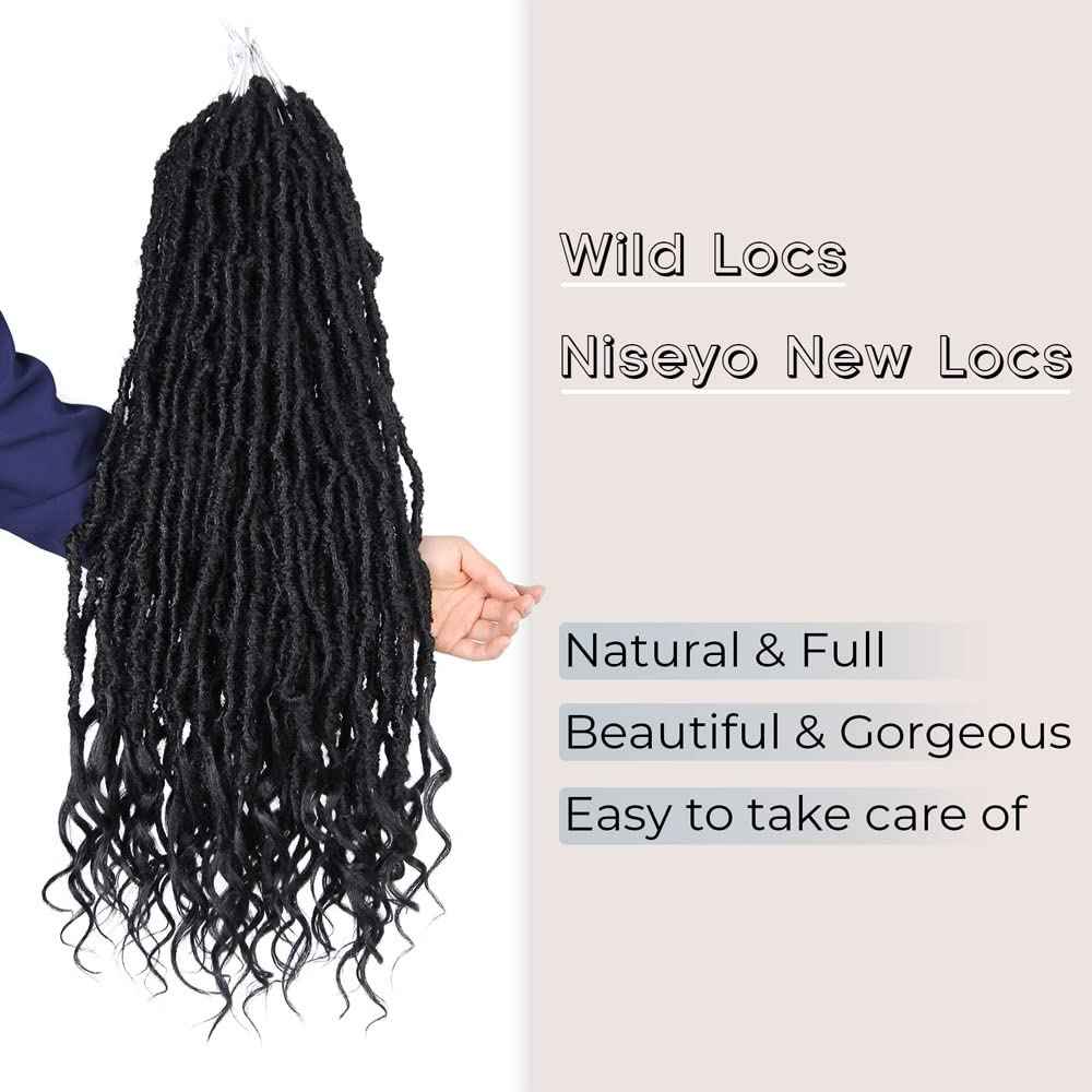 Niseyo Wild Locs 24 Inch Distressed New Faux Locs with Curly Ends 8 Packs Long Soft Pre-looped Goddess Crochet Hair (2#, Off Black)
