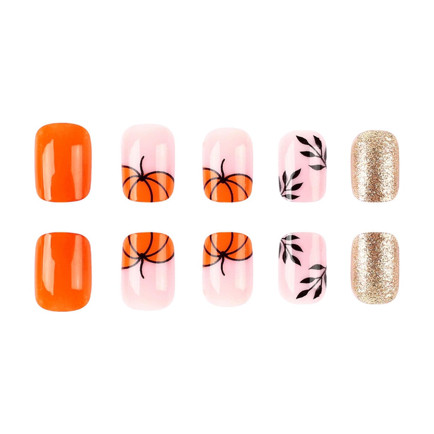 Halloween Press on Nails Short Square Fake Nails with Pumpkin Golden Glitter Designs Pink orange Glue on Nails Halloween Nails Press ons Acrylic False Nails for Women Girls 24 Pcs