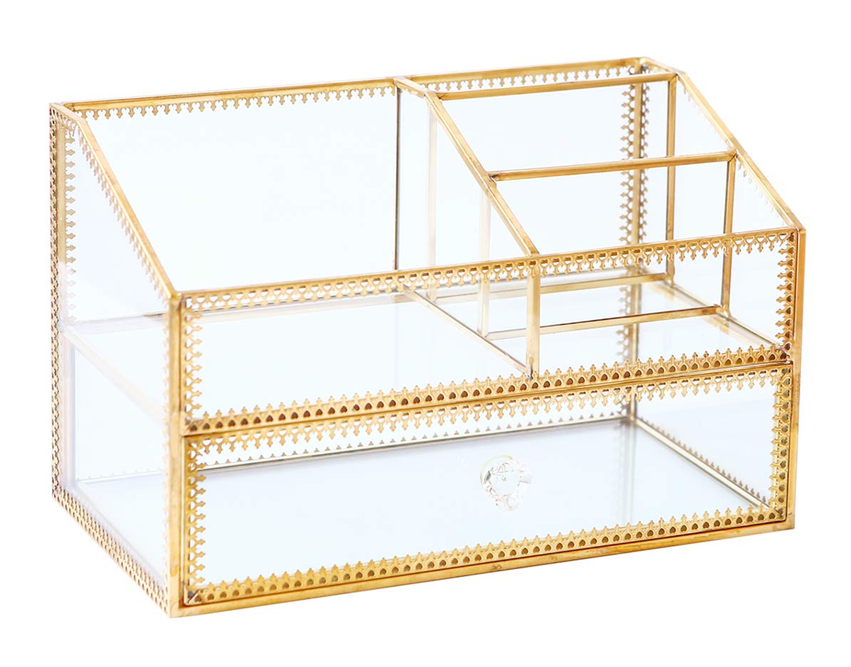 Golden Glass Box Vanity Tray Glass Case Makeup Display Organizer on Dresser, Multifunctional Cosmetic Storage for Palette Lipstick Makeup Brushes Skincare Perfumes Bathroom Accessories