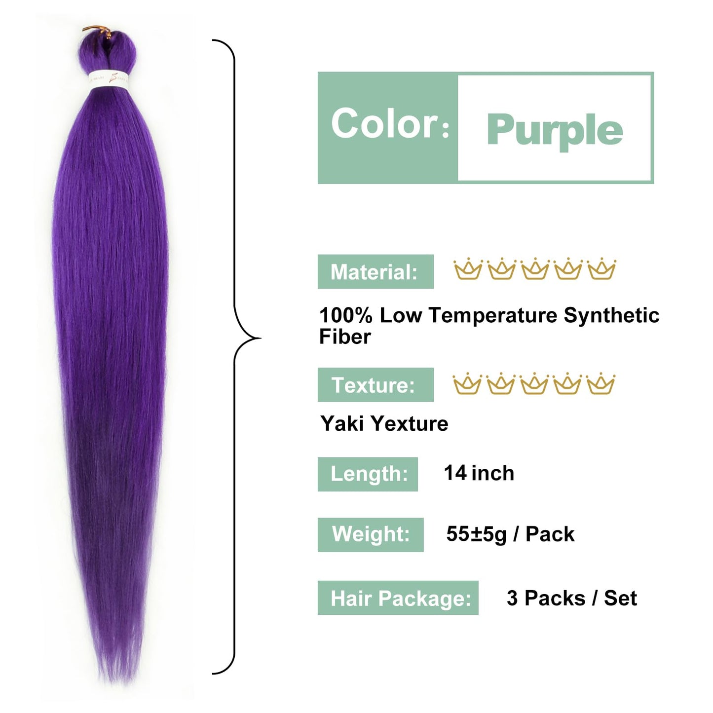 Purple Braiding Hair Pre stretched 14 Inch 3 Packs Kanekalon Pre-stretched Braiding Hair EZ Braid Yaki Texture Synthetic Hair Extensions for Crochet Box Braids