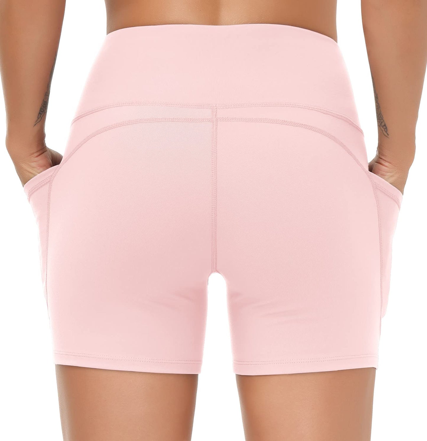 THE GYM PEOPLE High Waist Yoga Shorts for Women's Tummy Control Fitness Athletic Workout Running Shorts with Deep Pockets (Small, Pink)