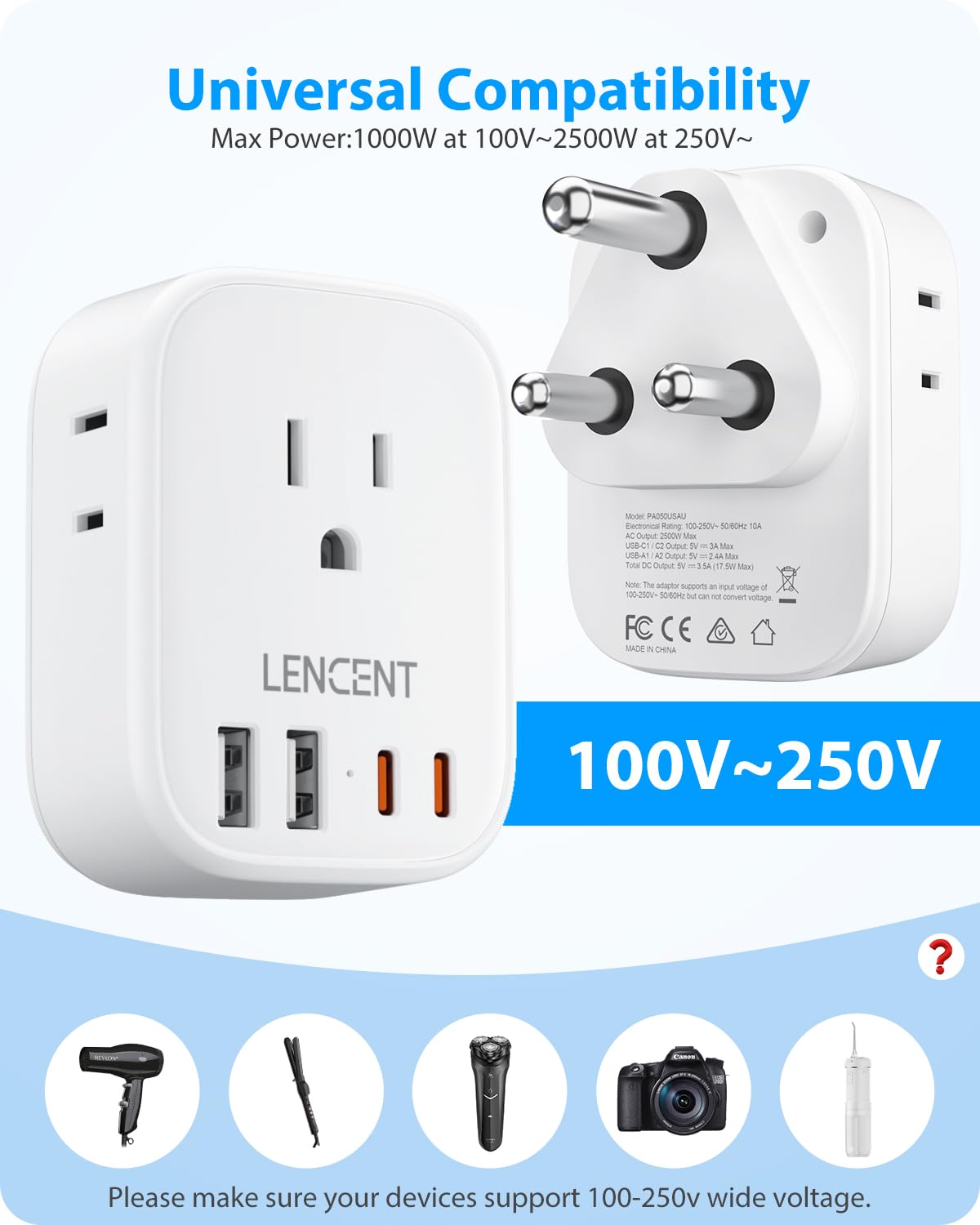 LENCENT South Africa Power Adapter, South Africa Grounded Travel Adaptor with 4 American Outlets, 4 USB Charger(2 USB C), Type M Plug Converter for US to South Africa Bhutan Botswana Namibia Zimbabwe