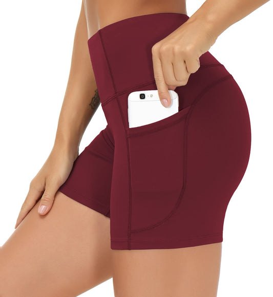 THE GYM PEOPLE High Waist Yoga Shorts for Women's Tummy Control Fitness Athletic Workout Running Shorts with Deep Pockets (Small, Wine Red)