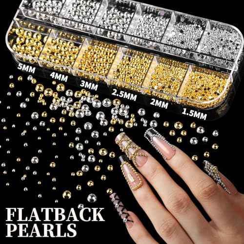 FANDAMEI Gold Nail Gems, 3D Star Nail Charms, Flatback Pearls White Beige, Half Round Silver and Gold Nail Charms, Mixed Sizes Pearls for Nails, Metal Nail Beads, 3D Metallic Nails Art Studs