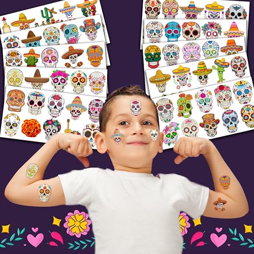 Skull Temporary Tattoos Fiesta Sugar Skull Party Decorations Favors Supplies Mexican Themed Cute Stickers 10 Sheets 100 PCS Gifts for Baby Girls Boys Class School Carnival