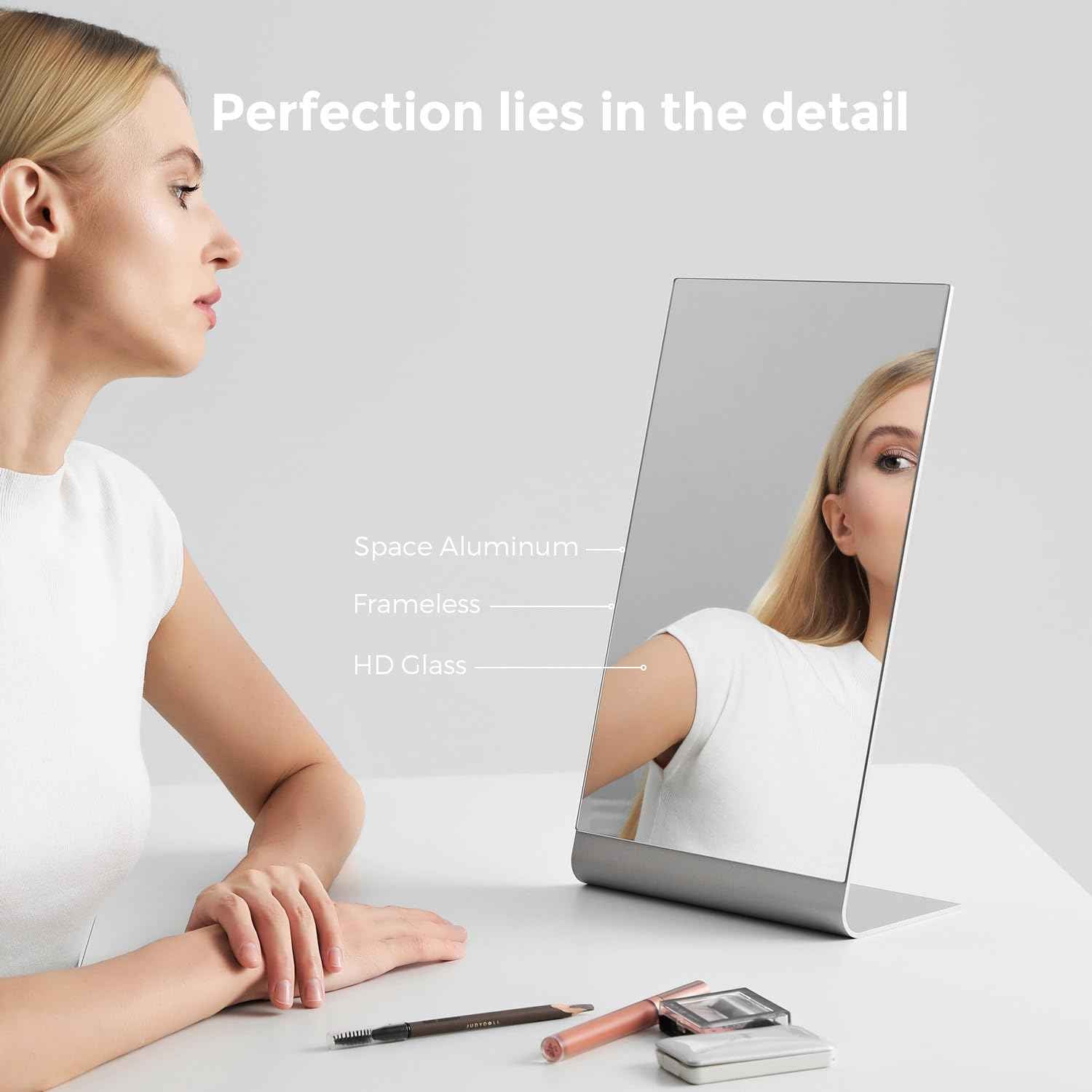 NEZZOE Frameless Makeup Mirror for Desk, 15 Inch Aluminum Standing Table Mirror, Large Counter Top Mirror