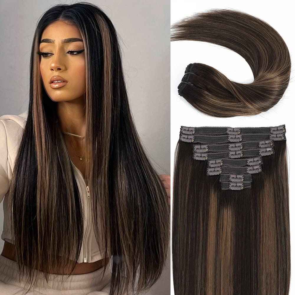 Balayage Clip in Hair Extensions Real Human Hair Straight Highlight Human Hair Clip ins for Women, Natural Soft Remy Human Hair, 8Pcs 120g, 16inch #2/6/2 Balayage Dark Brown to Chestnut Brown