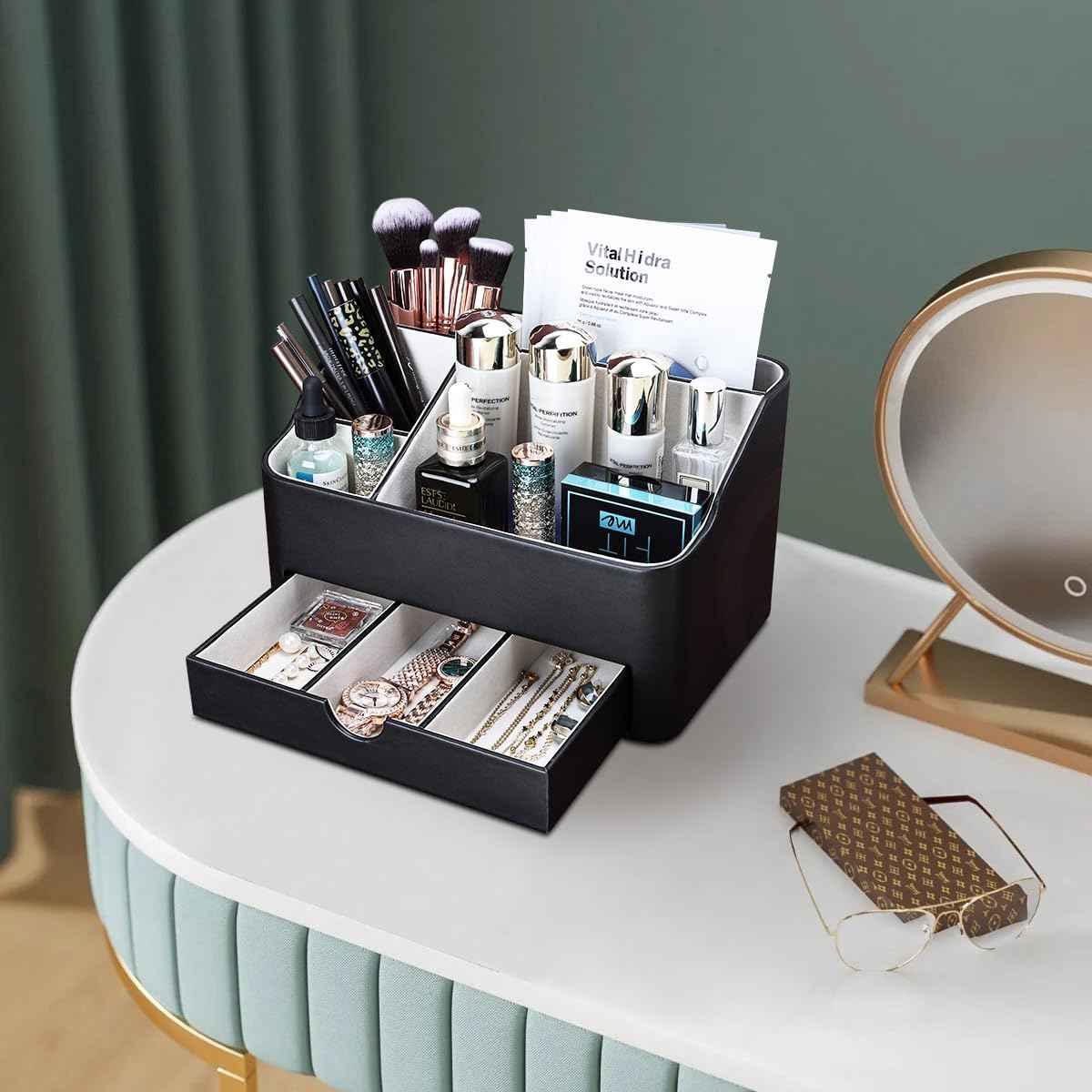 KINGFOM Leather Makeup Organizer with Drawer, Cosmetic Storage for Dresser Countertop and Bathroom Vanity, Beauty Holder for Lipstick Brush Skincare (Black)