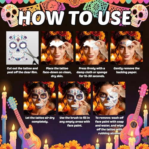 16-Pack Day of the Dead Face Tattoos | Sugar Skull Halloween