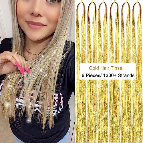 AIAIZHQH Hair Tinsel Kit Gold Fairy Hair Tinsel with Tools Tinsel Hair Extensions Heat Resistant 6Pcs 1400 Strands Sparkling Glitter Hair Extensions Hair Tensile Kit Hair Accessories for Women Girls