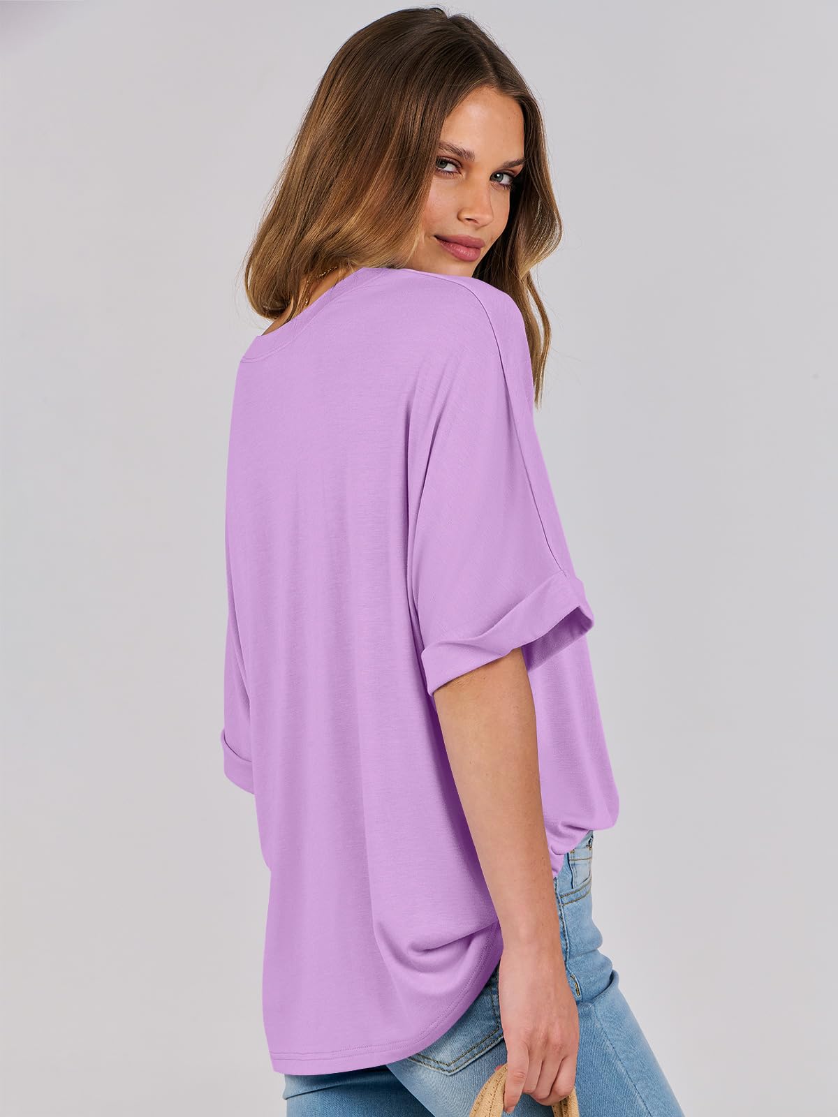 ANRABESS Women's Oversized T Shirts Short Sleeve Crewneck Summer Tops Casual Loose Basic Tee Shirts 2024 Trendy Clothes Lilac Small