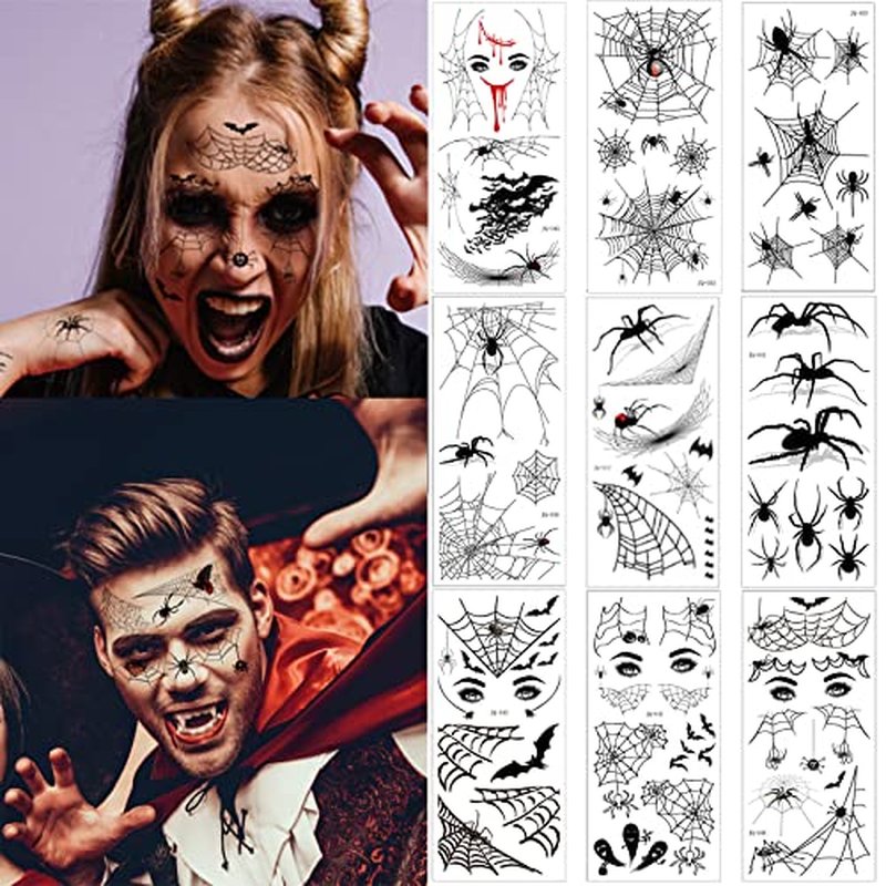 65 PCS Halloween Spider Web Face Eye Temporary Tattoos Realistic Stickers for Adults Kids, Face Shoulder Arm Back Decor for Halloween Party Costume Apparel Cosplay Accessories (9 Sheets)