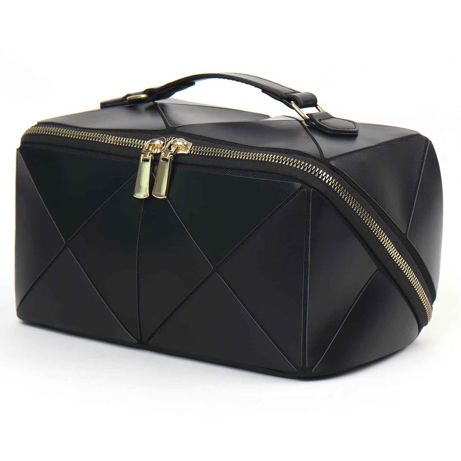 IMCUZUR Travel Makeup Bag Large Cosmetic Bag for Women, Open Flat Make up Bag Portable Skincare Bag with Handle (Black)