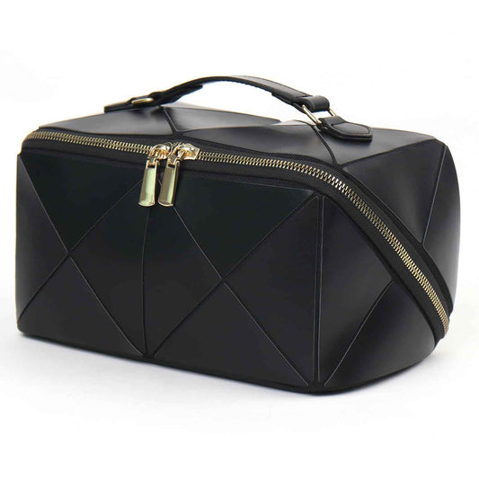 IMCUZUR Travel Makeup Bag Large Cosmetic Bag for Women, Open Flat Make up Bag Portable Skincare Bag with Handle (Black)