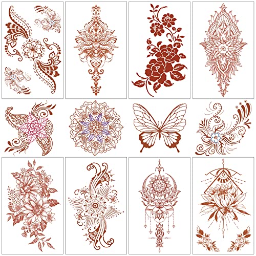 Henna Temporary Tattoo, 12 Sheets Fake Tattoo, Waterproof Brown Tattoo Stickers for Women