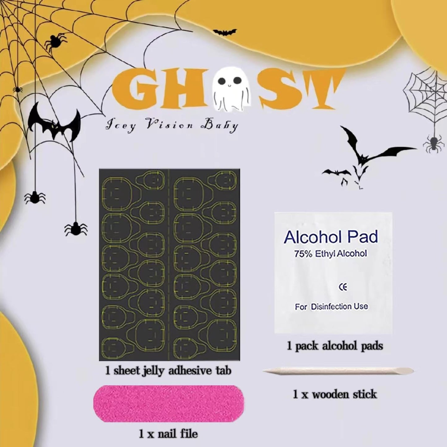 24 Pcs Halloween Press on Nails Short Square Halloween Fake Nails with Mummy & Stripe Designs Artificial Acrylic Nails Glossy Glue on Nails Cute Full Cover False Nails for Women Halloween Nails