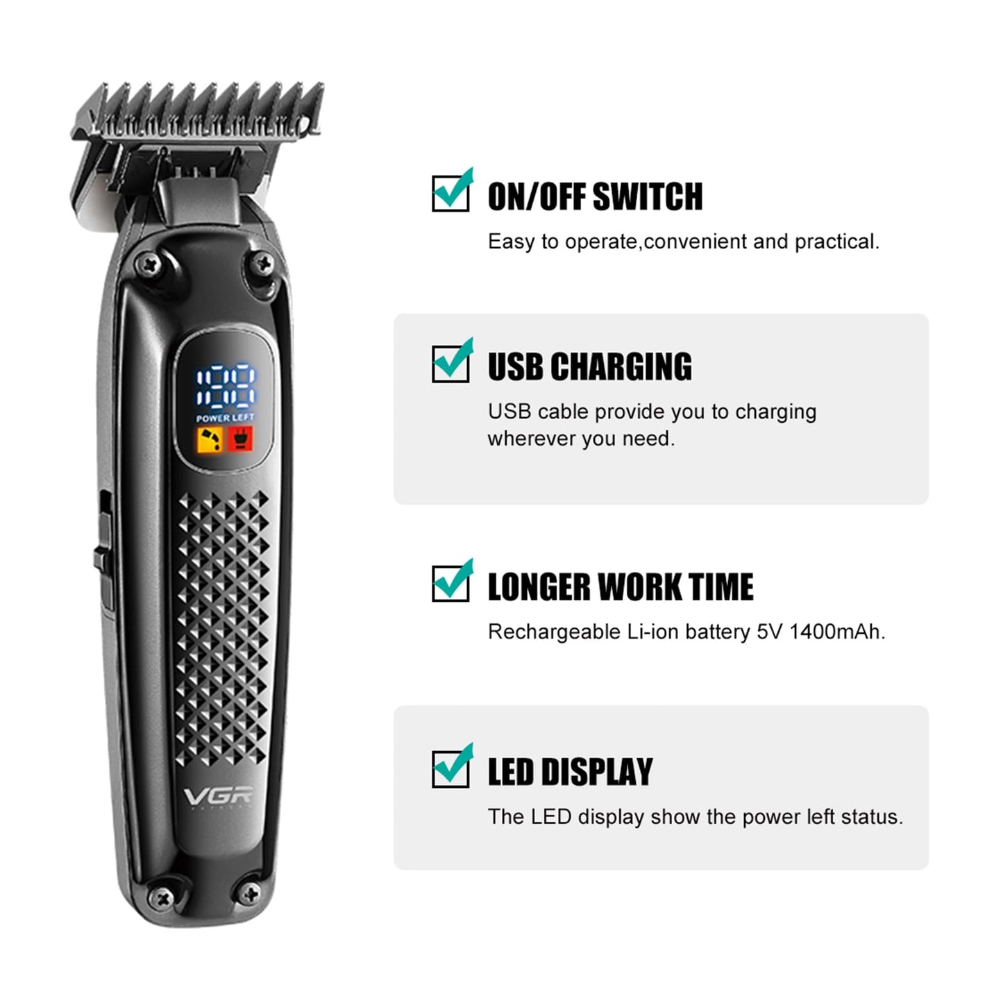 VGR 972 Professional Hair Trimmers, Precision Beard Trimmer for Men, Cord/Cordless and Rechargeable with LED Display