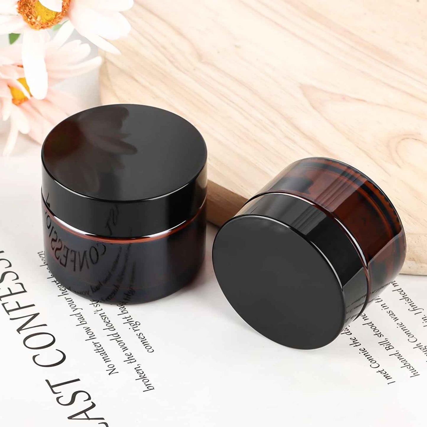 6Pack Amber Glass 5 ml 1/6 oz Small Thick Wall Round Jars Vials Pot Cosmetic Bottle Face Cream Containers With Black Lids For Lotion Make Up Nail Salve Ointment Sample Balm