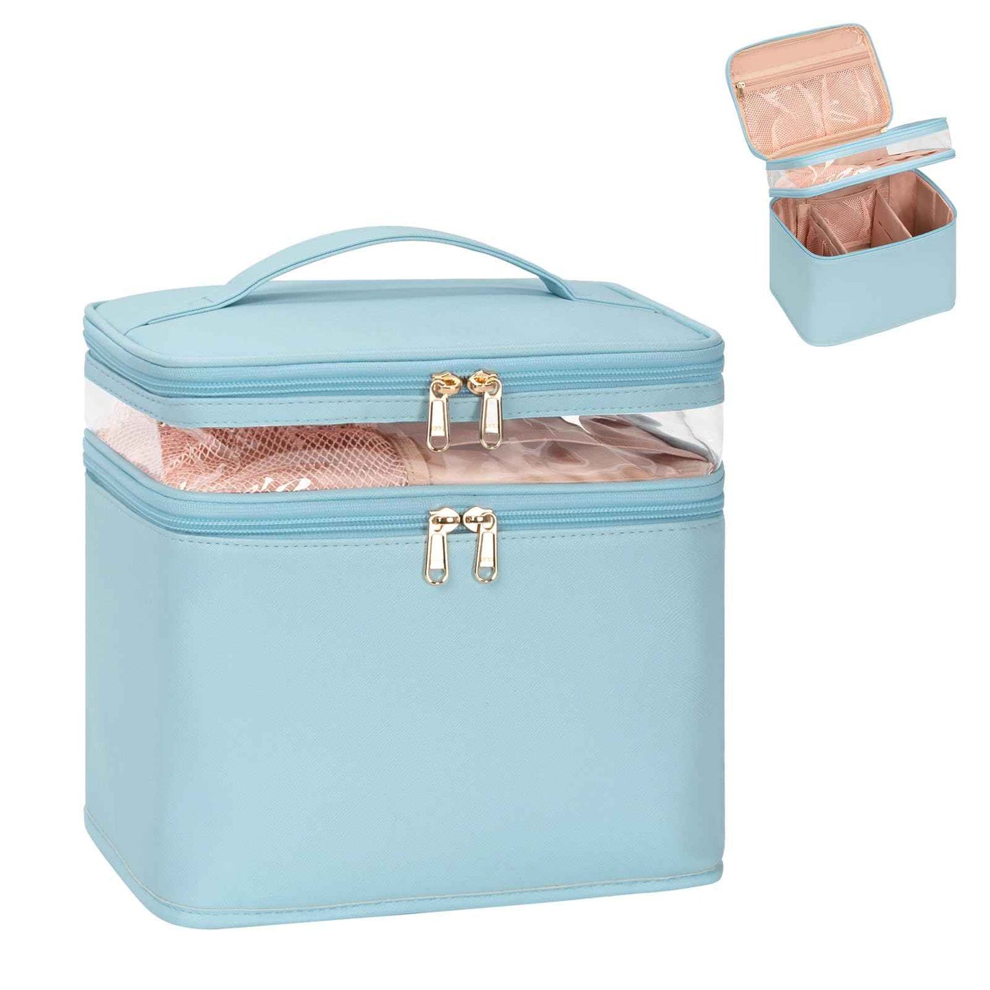 OCHEAL Large Makeup Bag, Double Layer Makeup Bag, Vertical Storage Cosmetic Case for Women/Girls with Multiple Compartments-Blue-xl