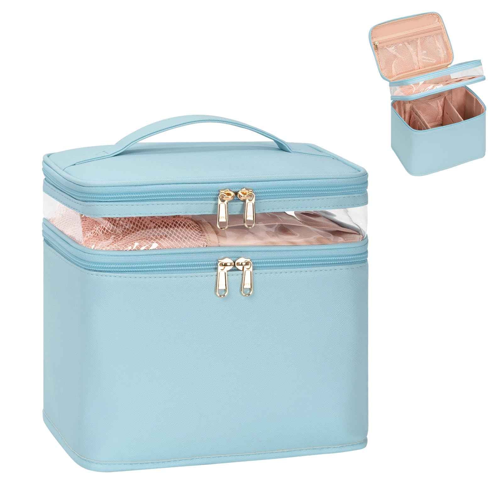 OCHEAL Large Makeup Bag, Double Layer Makeup Bag, Vertical Storage Cosmetic Case for Women/Girls with Multiple Compartments-Blue-xl