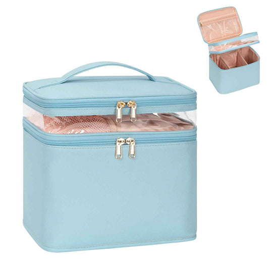 OCHEAL Large Makeup Bag, Double Layer Makeup Bag, Vertical Storage Cosmetic Case for Women/Girls with Multiple Compartments-Blue-xl