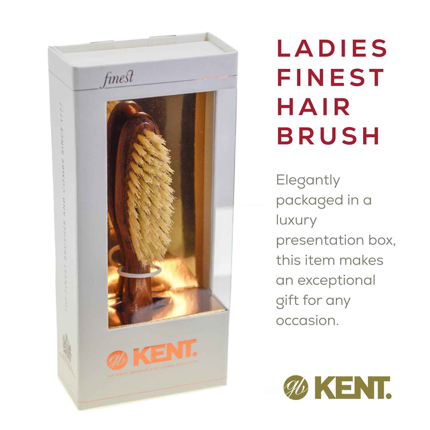 Kent LR23 Finest Ladies Narrow Style, Danta Wood, Pure White Bristle Hair Brush - Short to Medium Length Hair, Handbag Sized