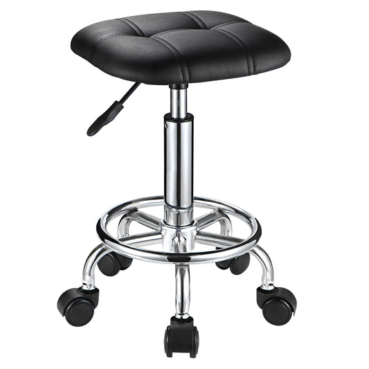 FNZIR Square PU Cushion Rolling Stool with Wheels Height Adjustable Swivel Stools Office Chair Black