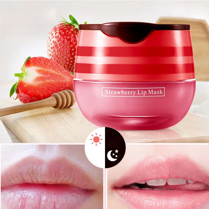 2 Pcs Lip Balm Honey Pot, Honey & Strawberry Hydrating Lip Mask, Reduces Lip Lines Prevention Dry and Cracked Lip Scrubs Exfoliator Honeypot Lip Balm. (Honey & Strawberry)