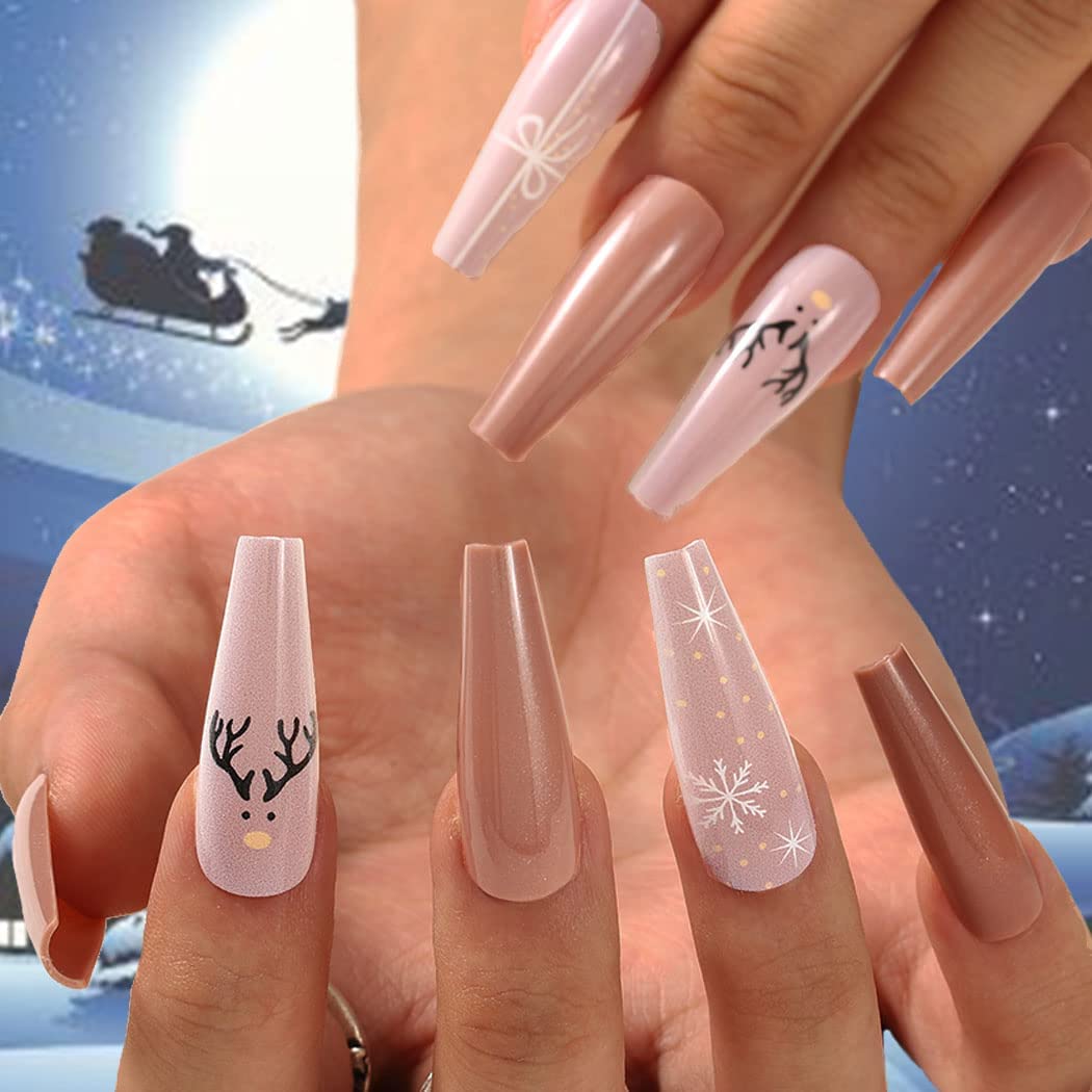 Uranian Coffin Extra Long Press on Nails Snowflake Red Christmas Fake Nails Elk Ballerina Glossy Full Cover False Nails Santa Claus Acrylic Nails Tips for Women and Girls 30 PCS (Pattern-F)