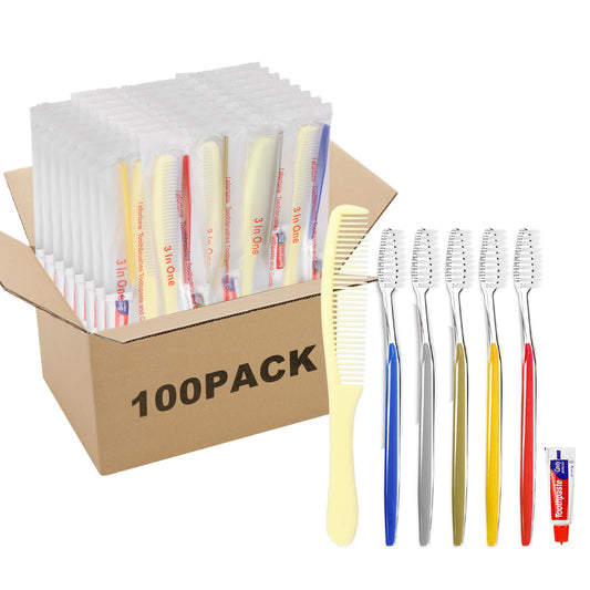 skourvut 100 Pack Disposable Toothbrushes with Toothpaste and Comb for Homeless Individually Wrapped-Suitable for Hotel,Air Bnb,Shelter/Homeless/Nursing Home/Charity 1