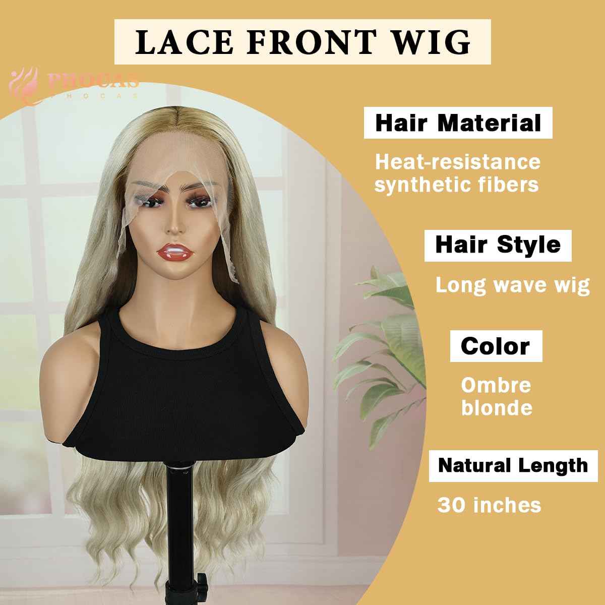 PHOCAS 30 Inch Curly Blonde Lace Front Wig 13x3 Synthetic Lace Front Wig Pre Plucked Free Part, Ombre Blonde Long Body Wave HD Lace Frontal Wigs for Women Halloween Cosplay Party Daily Use