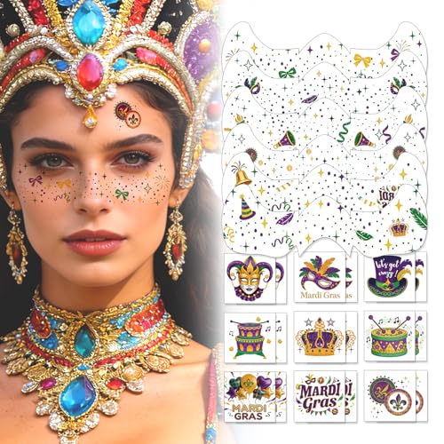 Mardi Gras Decorations, Mardi Gras Decor Temporary Tattoos, Mardi Gras Freckles Face Tattoos with Body Glitter Temporary Tattoo Stickers for Women, Teen Girls, Party Costume Outfit Makeup