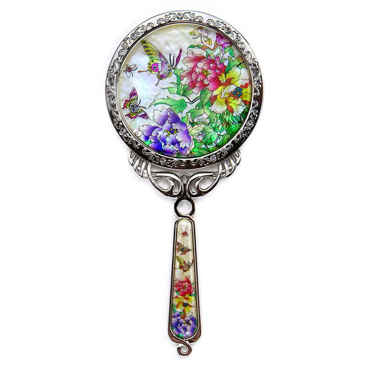 Hand Held Mirror with Beautiful Korean Pouch–150x70x5mm Rose Vintage Mirror for Traveling,Makeup,Vanity–Natural Eco-Friendly Mother of Pearl Coating–Rustproof Iron Table Mirror(Butterfly TreePeony)