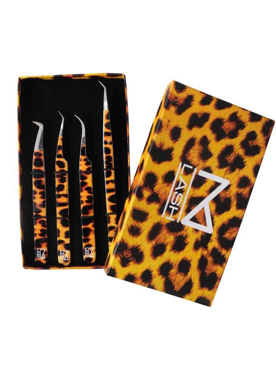 M LASH Tweezers for Eyelash Extensions (Set of 4) - Professional Lash Extension Tweezers - Fiber Tip, Japanese Steel, Diamond Grip Eyelash Extension Tweezer (Leopard)