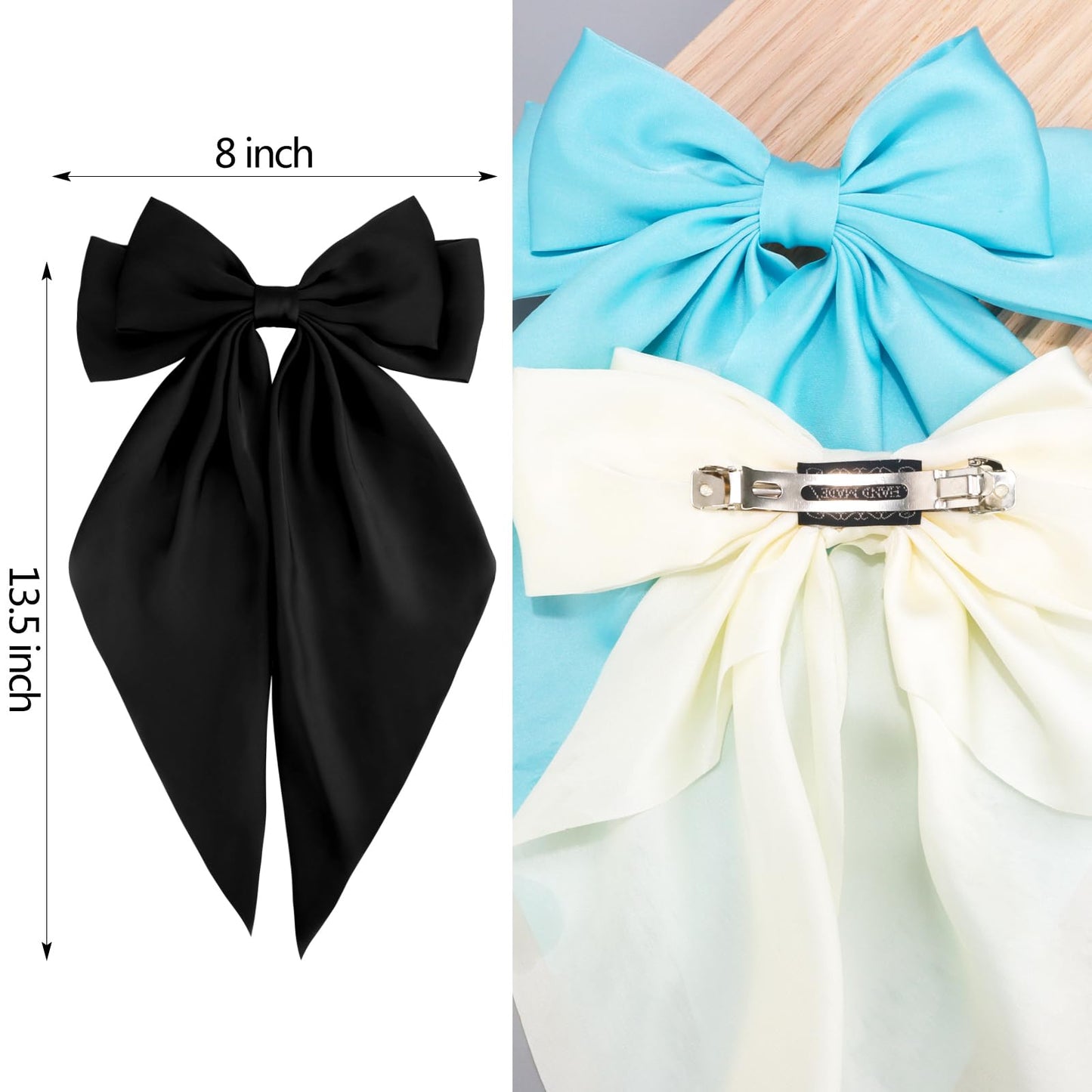 Velscrun Women's Hair Bows Set - 3Pcs Silky Satin Oversized Barrettes with Long Tail Ribbons in White, Black, and Bright Blue