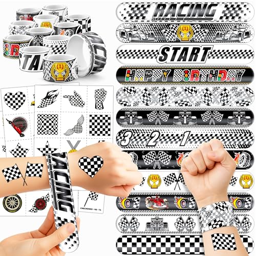 72PCS Checkered Flag Party Set - 48PCS Temporary Tattoos & 24PCS Slap Bracelets - Racing-Themed Birthday Supplies, Baby Shower Gifts, Classroom Rewards & Party Decor