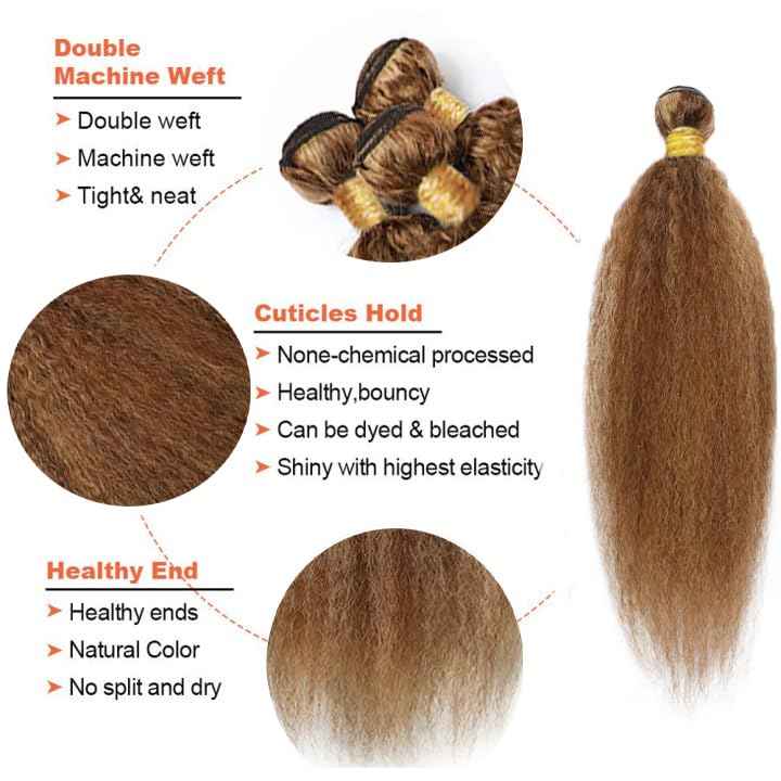 P4/27 Highlight Blonde Bundles Human Hair Yaki Straight Bundles 20 22 24 Inch Human Hair Weave 3 Bundle Unprocessed Brazilian Virgin Hair Brown Kinky Straight Human Hair Extensions 50 Grams/Bundle
