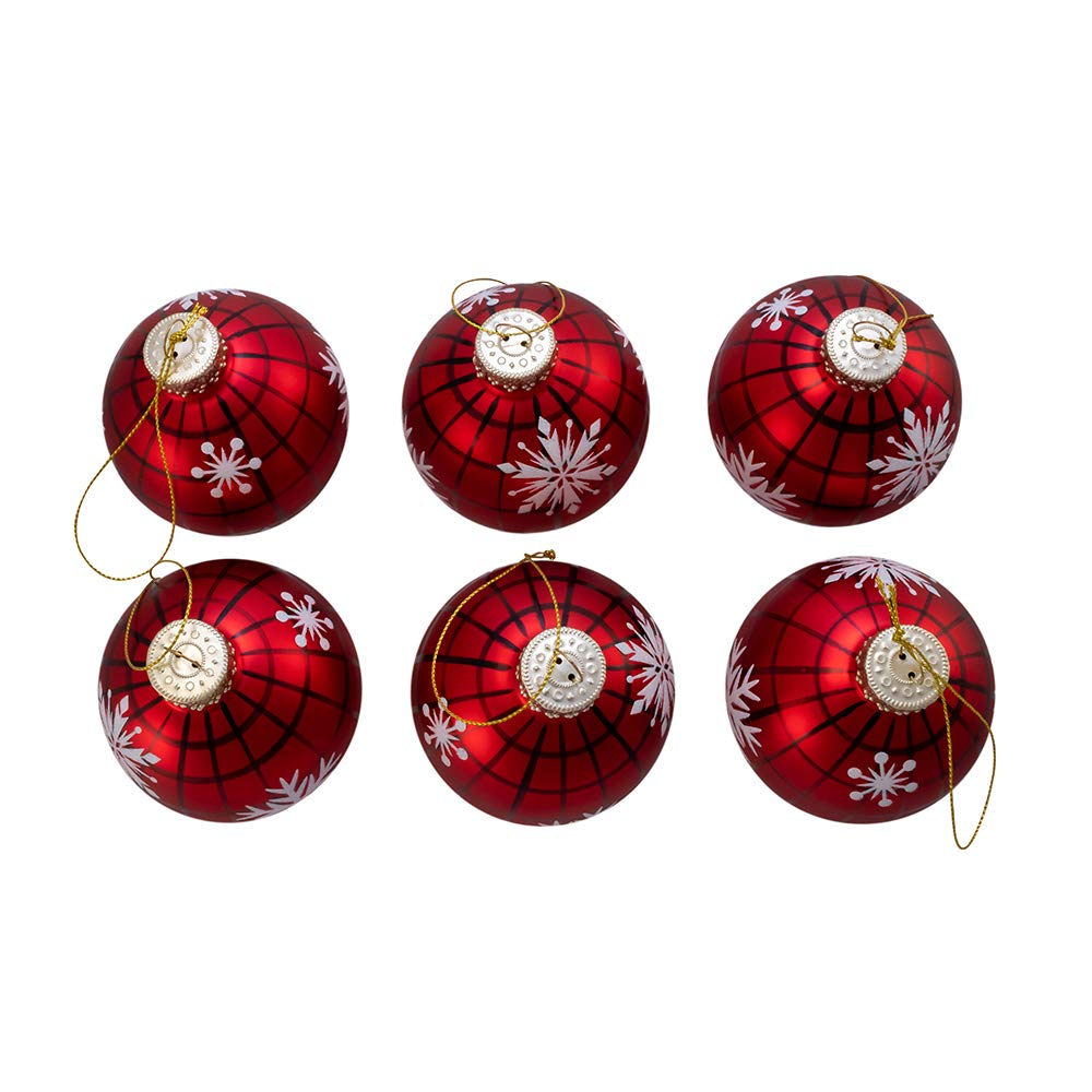 Kurt S. Adler Kurt Adler 80MM Plaid with Snowflakes Glass Ball, 6 Piece Box Ornament, red, Black, White, Christmas