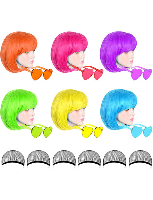 LOHO MAGICA 6 Pack Colored Wigs, Funky Colorful Wigs, Short Bob Hair Wigs, Neon Party Wigs, Cosplay Wigs with Rimless Heart Sunglasses