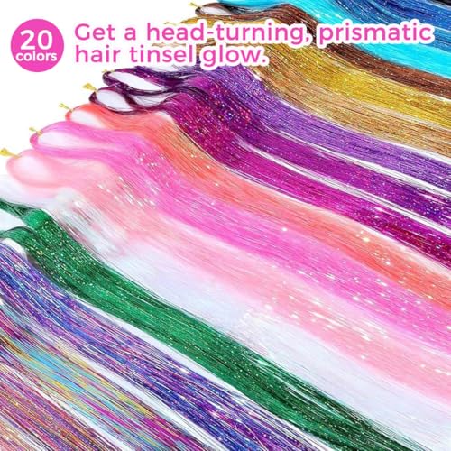 Hair Tinsel Kit - 8700+ Strands in 20 Colors, 48-Inch Glitter Extensions