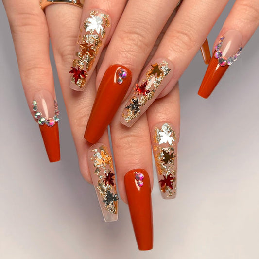 24Pcs CEWEWP Fall Press on Nails Long Coffin Fake Nails Maple Leaf Glue on Nails French Tip False Nails with Maple Leaves Nail Sequins Designs Full Cover Flash Drill Acrylic Nails Decoration for Women