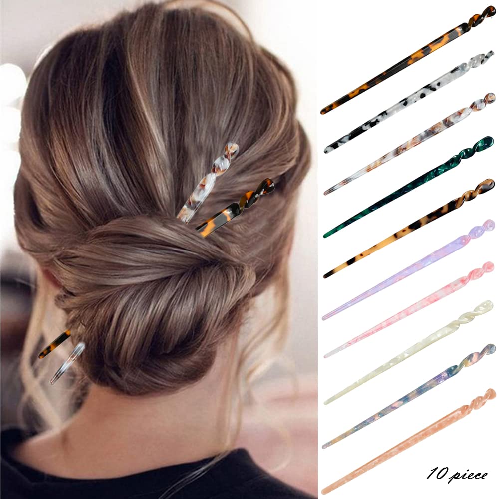 10 Pieces Acetate Hair Sticks Leopard Print Hair Pins, Tortoise Shell Hairpin Vintage Hair Chopsticks Retro Hairpins Disk, Hair Accessories for Women Girls (Classic)