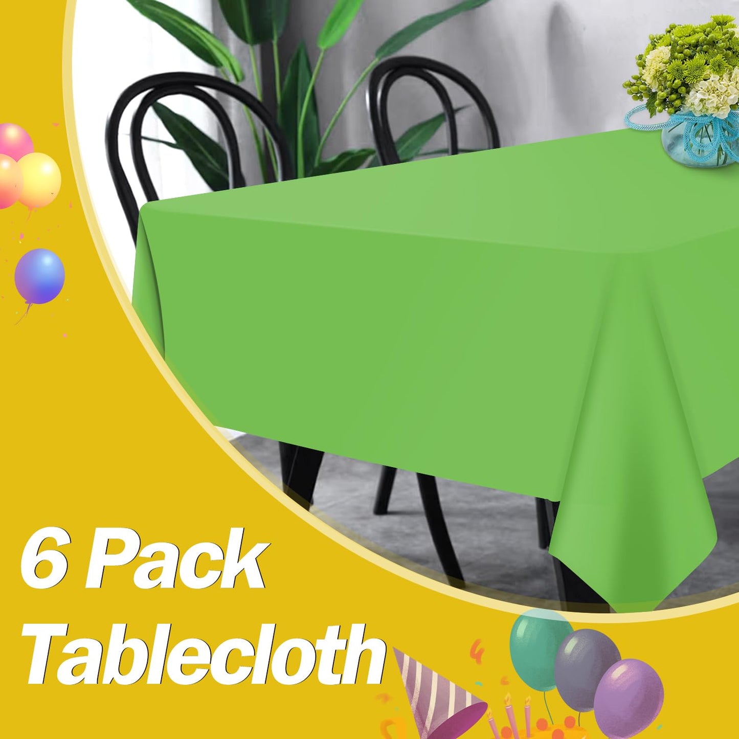 tujol Lime Green 6 Pack Plastic Table Cloth 54" x 108", Disposable Tablecloths Rectangle Table Cover, Plastic Table Cloths for Parties