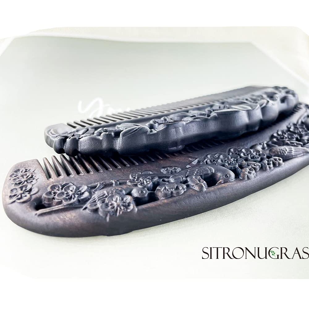 Sitronugras Ebony Wood Comb - Carved Craft Natural Black Sandalwood Hair Comb for Women - No Static Fine Tooth Comb with gift box (Birds and flowers)