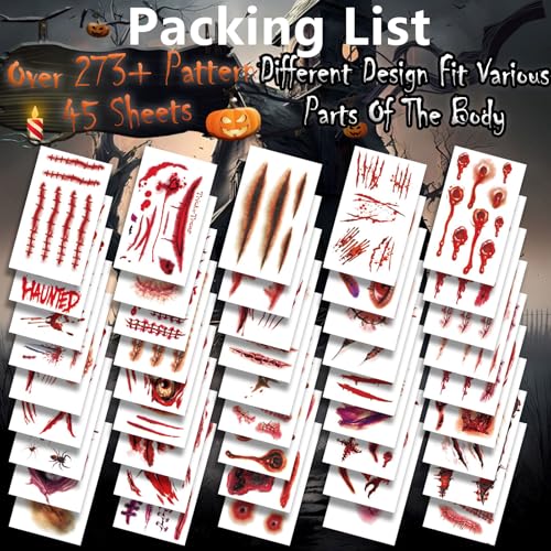 275Pcs 45sheets Fake Scars Tattoos - Temporary for Halloween 3D Wound Blood Cuts Tattoos Temporary Realistic Stitch Zombie Face Stickers Makeup Make Up for Adults Cosplay Masquerade Prank Party