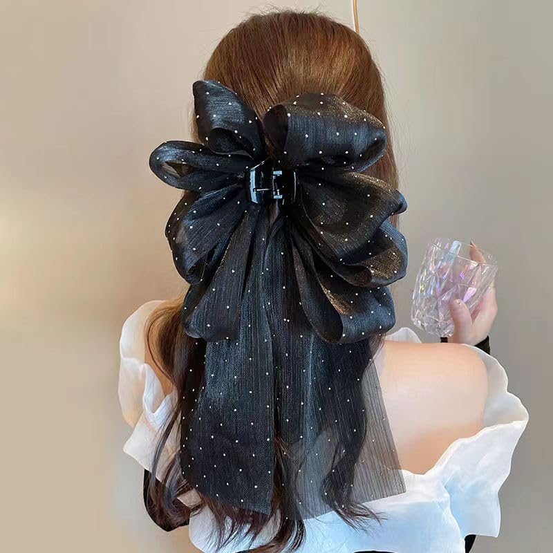 PLwelth Bow Claw Clip Flower Hair Ribbon Claw Black Large Hair Bow Claw for Women Teen Girls Non Slip Hair Accessory for Curly Thin Thick Hair Long Tail Bow Hair Claw for Party Decoration