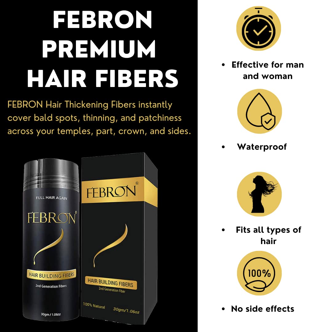 FEBRON Hair Fibers For Thinning Hair BLACK Giant 30G For Women & Men Hair Loss Concealer Hair Powder Volumizing Based 100% Undetectable & Natural - Bald Spots Filler