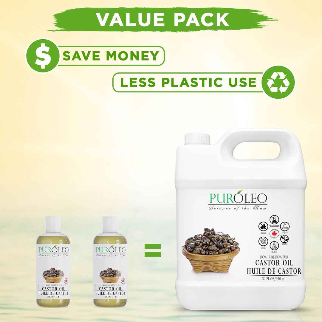 PUROLEO Castor Oil 32 Fl Oz/946 ML (Packed In Canada) 100% Pure and Natural Hair, Lash, Beard, Eyelashes & Eyebrow Oil Black castor oil for brow lashes, Make eyelash serum, hair serum for dry hair
