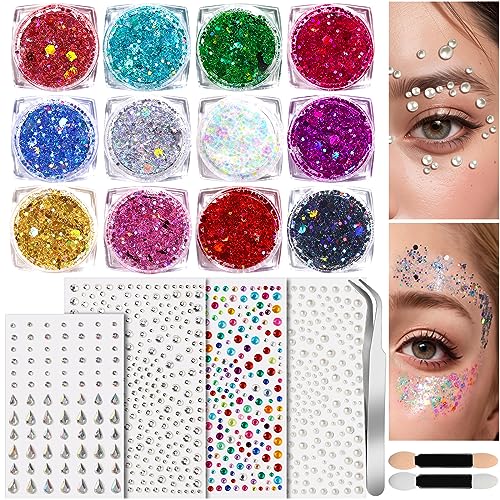 Teenitor 12-Color Glitter Gel Set with Face Gems & Hair Jewels