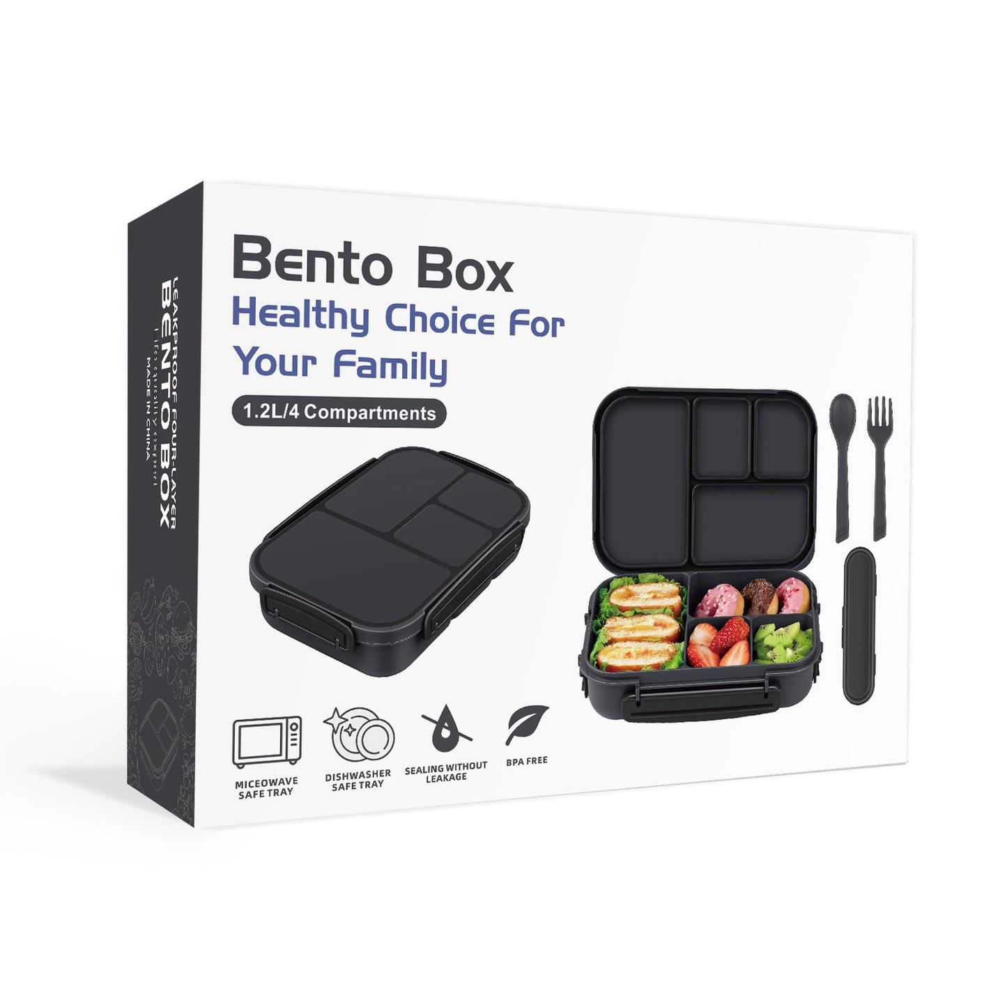 Amathley Lunch Box Kids,Bento Box Adult,Leakproof Lunch Containers for Adults/Kids/Toddler,1200ML-4 Compartments bento Lunch box with Utensil,Microwave & Dishwasher & Freezer Safe (Dark Gray)